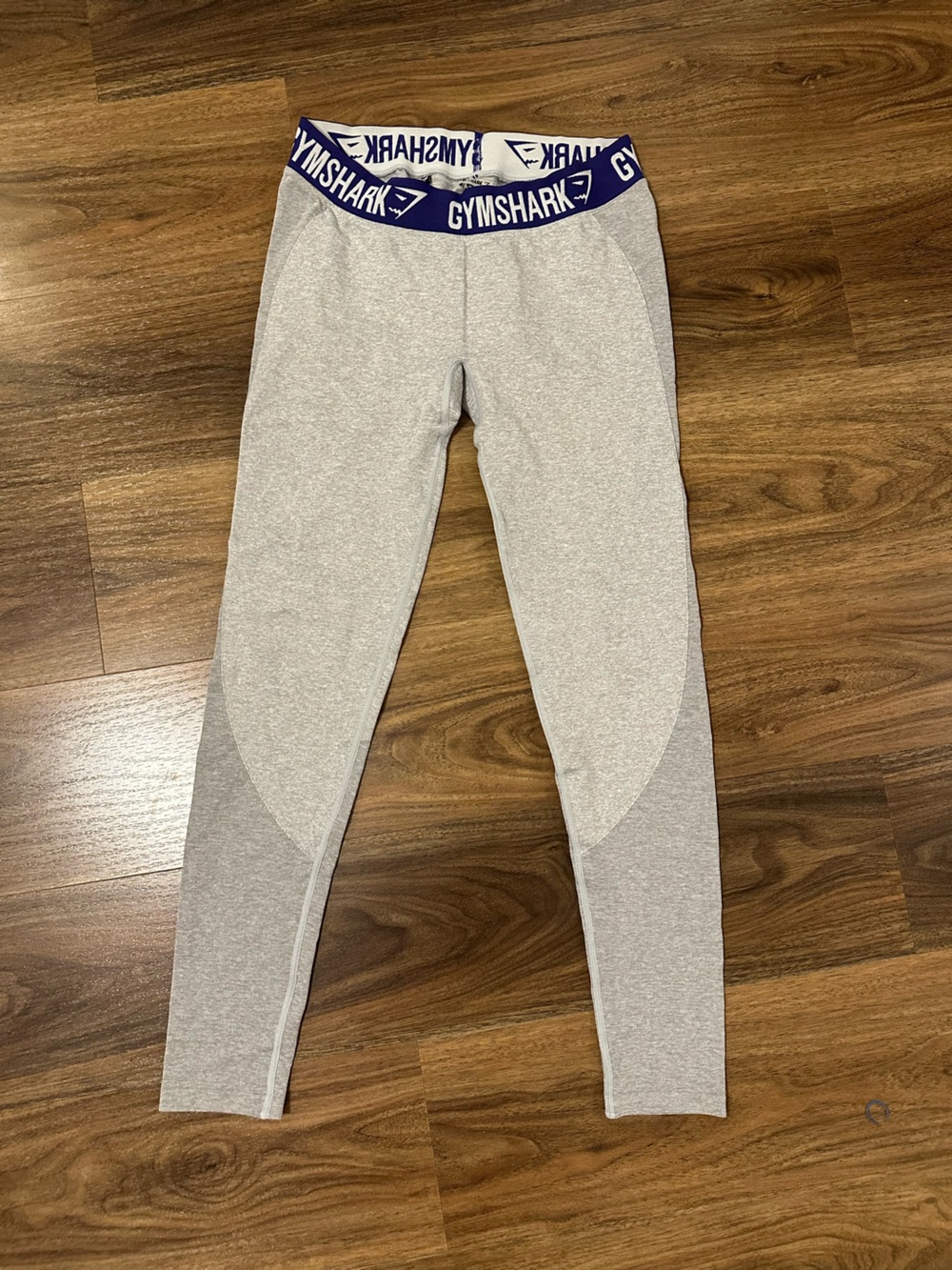 Gymshark Light Gray Leggings with Navy Logo Waistband